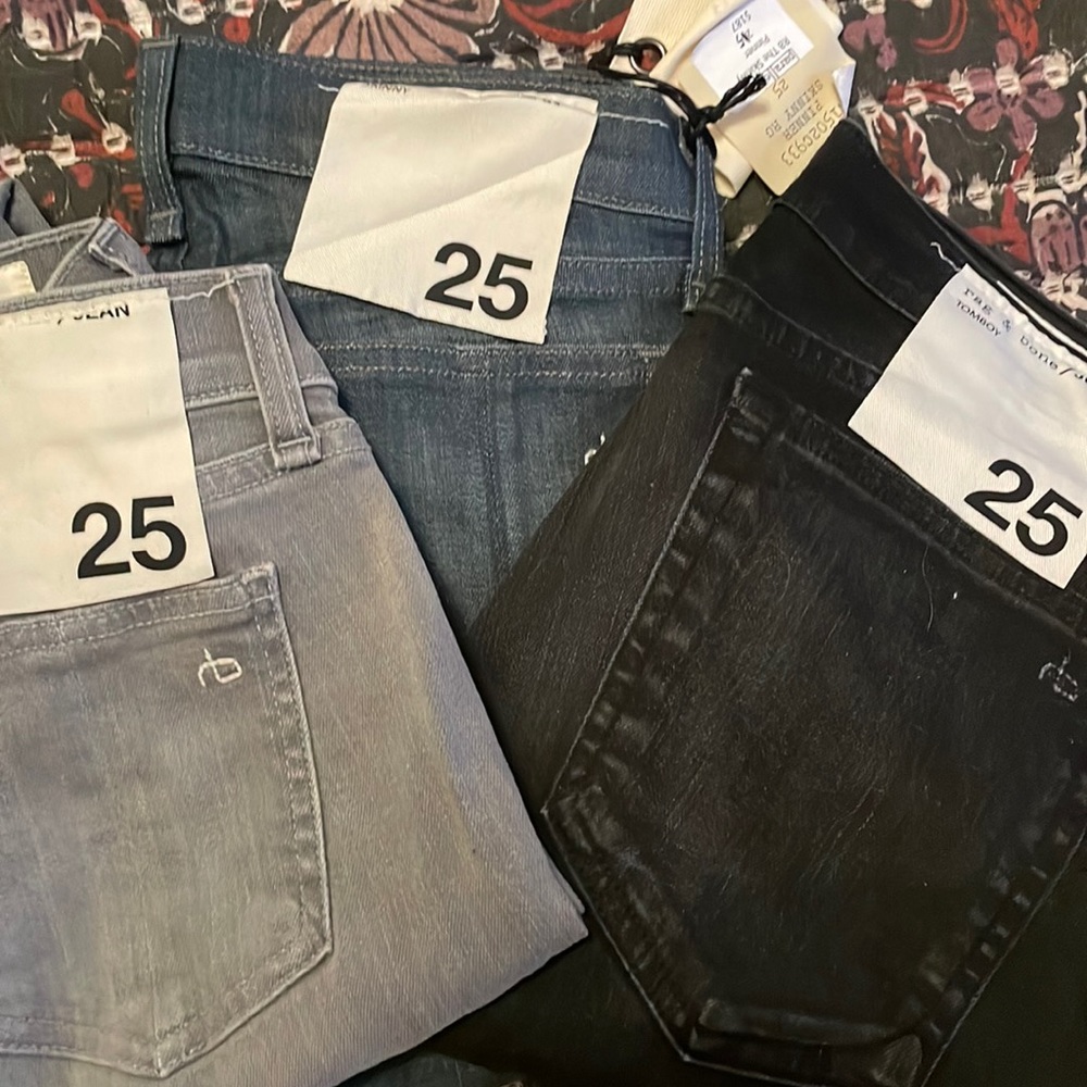 Rag & Bone skinny jeans. Blue, grey, and black.